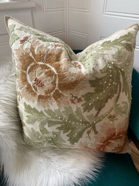 Waterfowl Feather Filled Embroidered Floral Cottagecore Decorative Throw Pillow